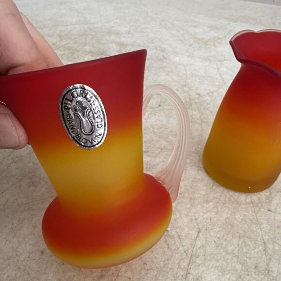 Pilgrim Pitcher / Creamer Set Peachblow Satin Glass Hand Blown Mid-Century - Picture 9 of 12